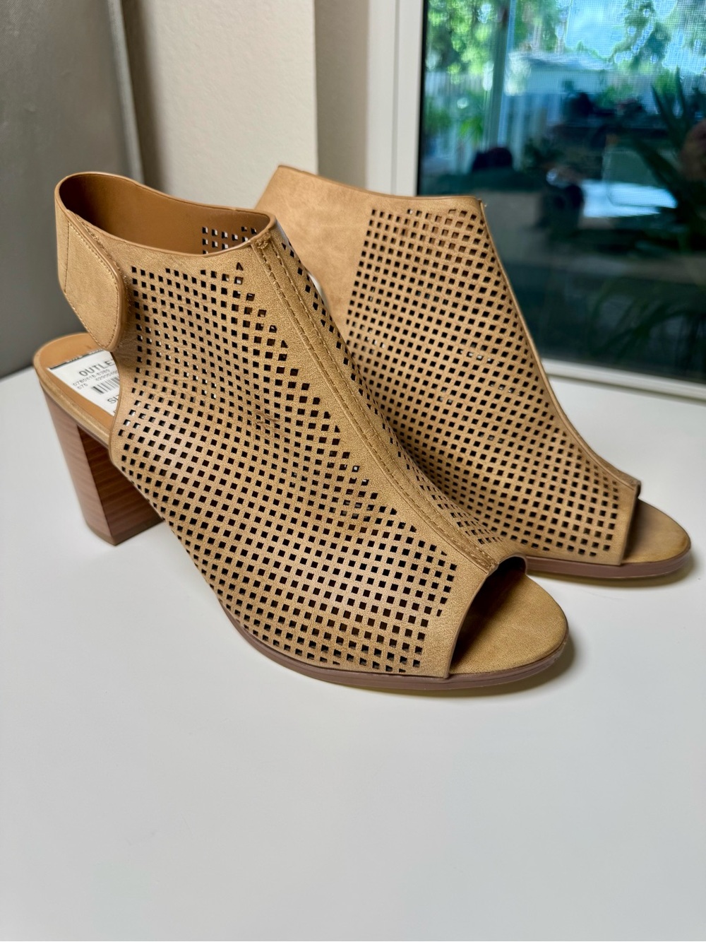 Perforated Peep-Toe Block Heel Sandals - Tan - Picture 1 of 4